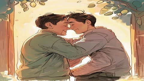 亲子温情打屁股漫画场景，惩罚后父母与孩子和解拥抱，画面温暖，色调柔和