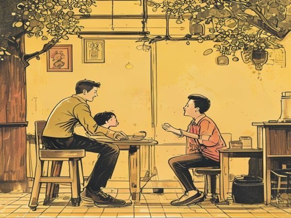 复古风格打屁股漫画场景插图，描绘家长与孩子的亲子互动教育场景，画面温馨幽默，色调偏暖黄