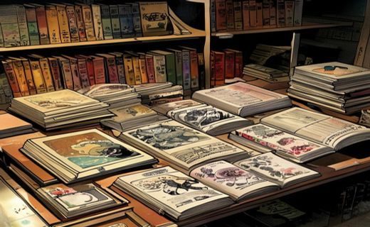 打屁股漫画文化研究资料展示，书桌上摆放多本漫画单行本与研究笔记，学术氛围浓厚