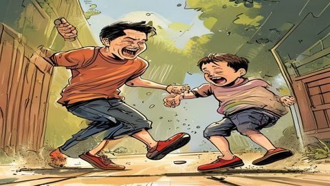 搞笑幽默打屁股漫画代表场景，父亲拿着拖鞋追赶孩子，表情极度夸张，充满喜剧效果