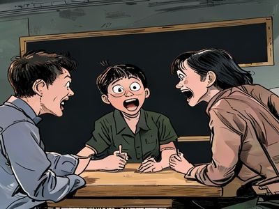搞笑校园漫画场景，班主任与调皮学生的幽默互动，黑板背景，表情夸张生动