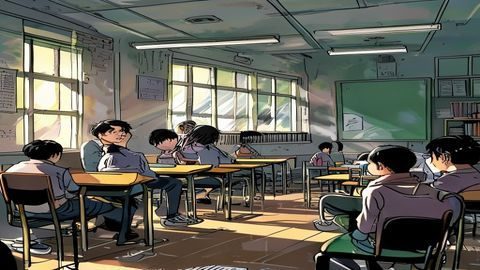 校园惩罚漫画场景，教室内老师手持教鞭，学生表情夸张，黑板上写满作业，气氛幽默